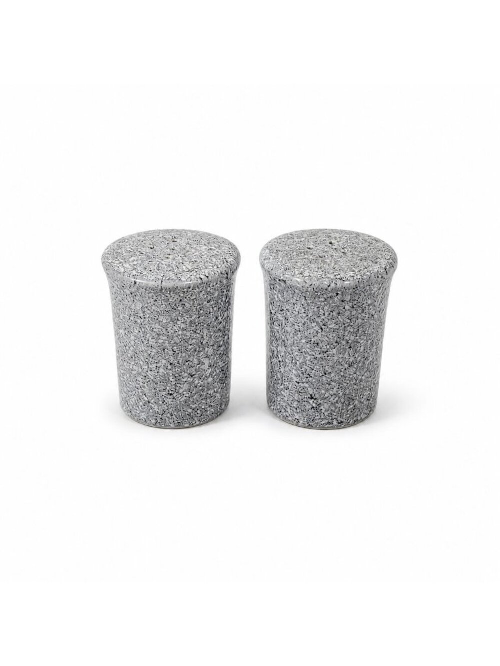Salt and Pepper Shakers Pair Gray Black Cermamic Vintage Japan Mid Century Speck